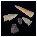 Fossilized Spinosauraus Tooth & 4 sm Arrowheads