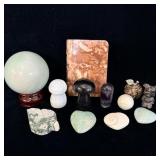 Miscellaneous carved stone mushrooms, heart teddy