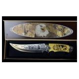 Etched Blade Carved Handle Bald Eagle Knife 11'>