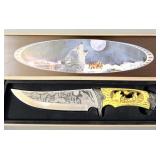 Etched Blade Carved Handle Wolf Knife 11' >