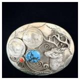 Buffalo Nickel Turquoise & Coral Western Deer >