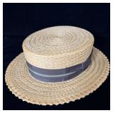 1930s Hopkins Straw Boater Hat Striped Ribbon