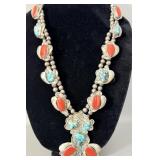 Mexican Silver Turquoise & Coral Squash Blossom>