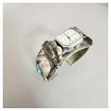 Silvertone Faux Turquoise Watch Cuff w/Timex Watch