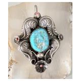 Old Pawn Sterling Silver Turquoise & Coral Pendant