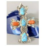Alpaca Silver Turquoise & Coral Cross Pendant