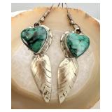Sterling Silver Navajo Malachite Heart Feather >