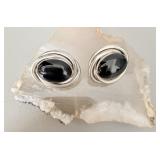 ?Sterling Silver Onyx Oval Stud Clip Earrings