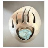 Large Silver Tone Faux Turquoise Navajo Bear Paw >