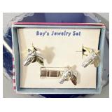 Silver & Gold tone Horse Cuff Links & Tie Clip
