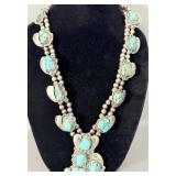 Mexican Silver Turquoise Squash Blossom Necklace