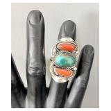 Large Sterling Silver MT JR Turquoise Coral Mens >
