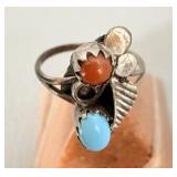 Vintage Sterling Silver Turquoise & Coral Navajo >