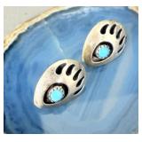 Sterling Silver Navajo Bear Paw Turquoise Earrings