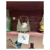 Antique cut glass salt + vinegar oil set in caddy