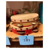 Vtg Wood Tambourines Red Painted Rim