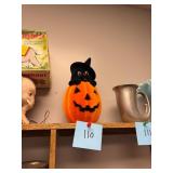 Vintage Halloween Cat In Pumpkin Figurine