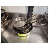 EIGHT ASSORTED STAINLESS STEEL SIZE FRY PANS