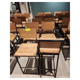 TWELVE WOOD AND METAL FRAME STOOLS