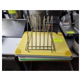 SIX CUTTING BOARDS w/ RACK