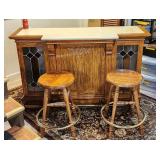 Stained Glass Front Oak Brass Railing Bar 2 Stools
