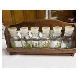Vtg wood spice rack with 6 jars Japan 6x11