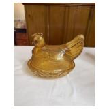 Amber Glass Hen on Nest Indiana Pressed Glossy
