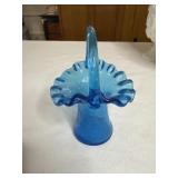 Vintage Peacock Bright Blue Crackle Glass Basket