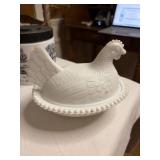 Vintage Glass Milk Glass Hen on Nest 2pcs Beaded
