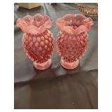2 Fenton Cranberry Opalescent Hobnail Glass Vases
