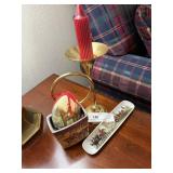 Brass candle stick and hunt scene dish