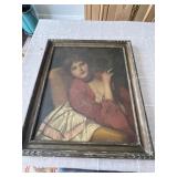 Framed  Oil Lady Smoking Cigarette Old Wood Frame