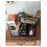 Basket of Misc. Soaps, Chemicals, Bungie Cords,