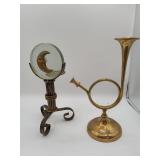 Brass Horn and Metal Stand with Glass Moon