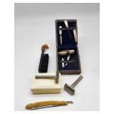 Shaving kit with razors, brush, case, and straight