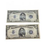Two 1934 United States $5 Silver Certificates