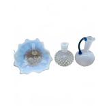 Opalescent glass bowl, hobnail vase, and pitcher