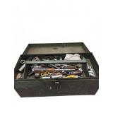 Metal toolbox with assorted hand tools