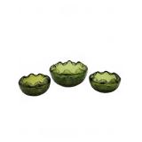 Green pressed glass ruffled bowl trio