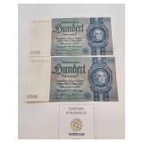 2 German 100 Reichsmark Banknotes with COA
