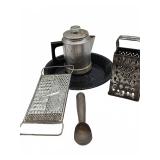 Kitchenware with grater, percolator, scoop, tray