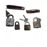 Padlocks with keys and pocket knives