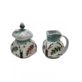 Relief leaf pottery sugar bowl and creamer