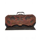 Wood and metal wall pocket with bird carving