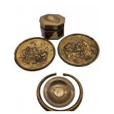 Brass box with lid, two wall plaques, two rings