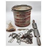 Alumi-Lite minnow bucket, fish stringer, lure, and