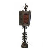 Wrought iron floor lamp with stained glass panels