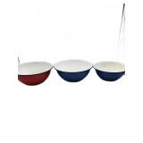 Three enamel metal mixing bowls