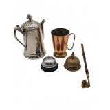 Metal teapot, copper mug, bells, wood brass pipe