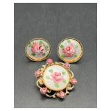 vintage Guilloche brooch and screwback earrings.